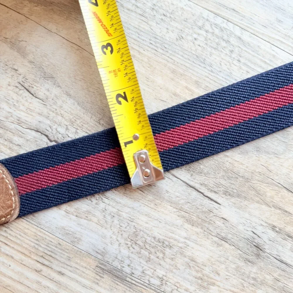 L.L.Bean Stretch Web Belt Size 40 Brown Leather Navy Red Stripe Brass Buckle